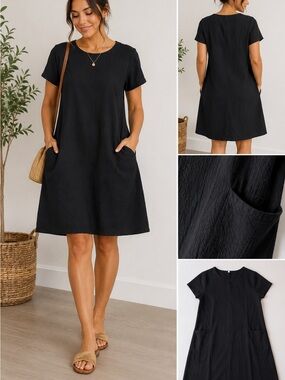 Black Short-Sleeve Pocket Shift Dress XL